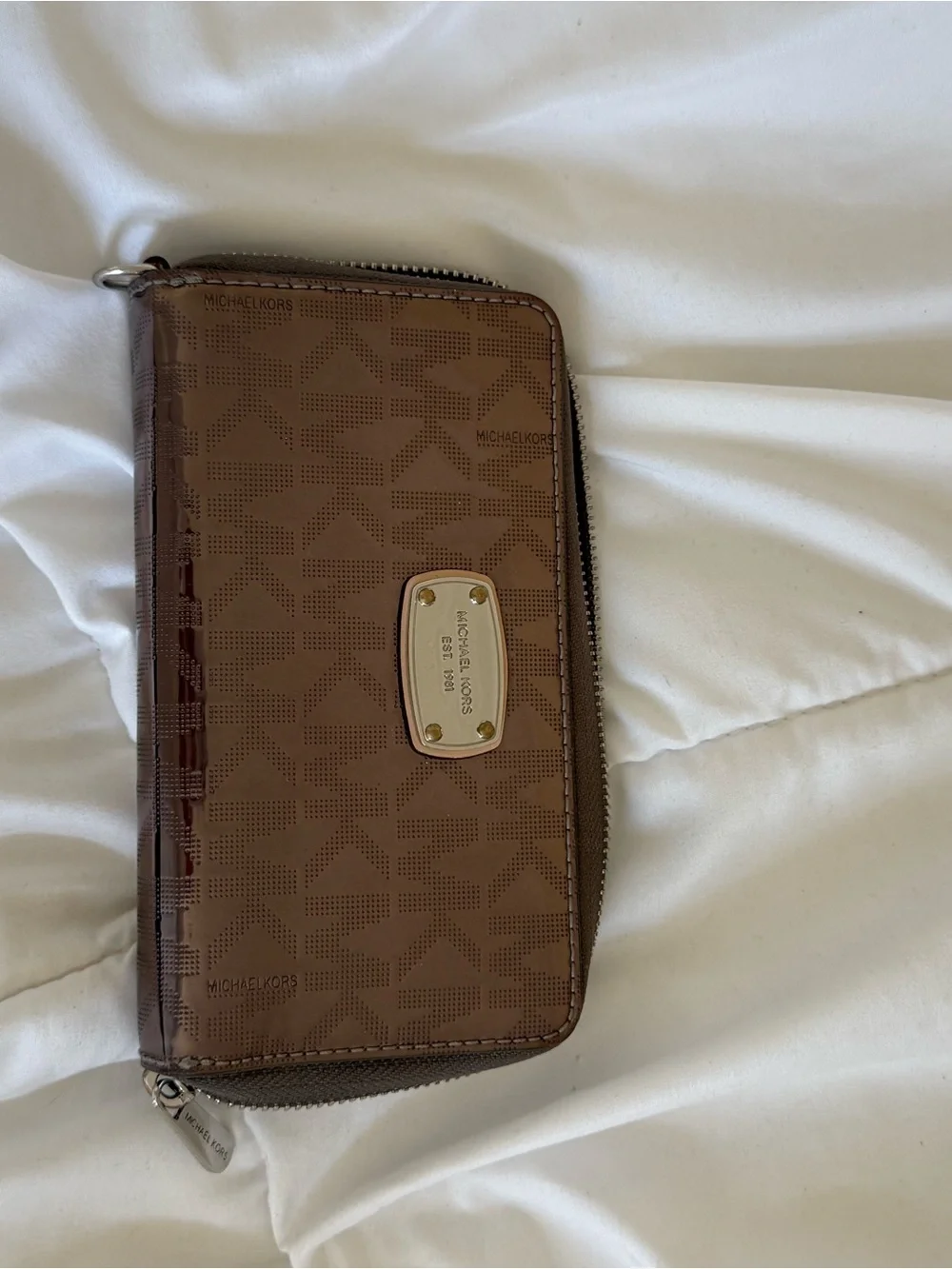Michael Kors Brown Patent Zip Wallet with Gold Plate